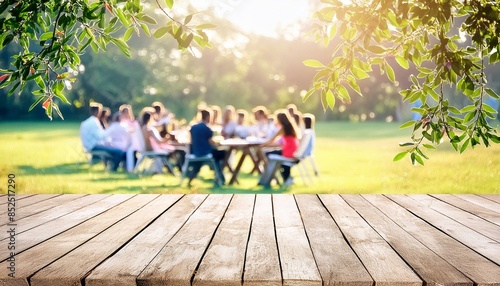 Outdoor Festivity: Empty Table with Garden Party Blur