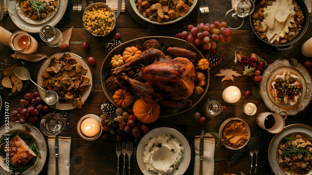 Thanksgiving Table Setting with Roasted Turkey, Pumpkins, and Grapes - Food Photography Thanksgiving Table Setting with Roasted Turkey, Pumpkins, and Grapes - Food Photography