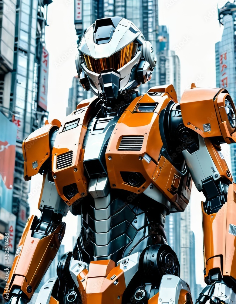 A futuristic orange robot stands tall in an urban environment, showcasing intricate design and advanced technology. The backdrop of a cityscape adds to the sci-fi atmosphere, making it a striking
