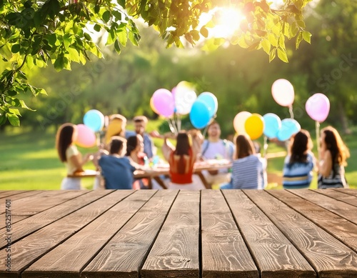 Garden Gathering: Empty Wooden Table with Blurred Party Vibes