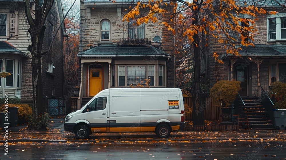 Obraz premium Dry Cleaning Delivery Van Parked Outside Modern Residential Area on a Fall Day