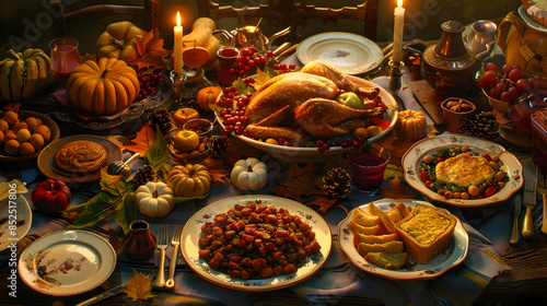 Thanksgiving Dinner Table Setting with Roasted Turkey, Side Dishes, and Decorations - Realistic Illustration photo