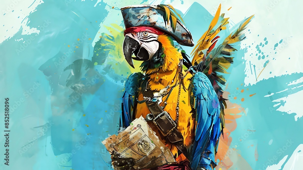 Fototapeta premium A parrot wearing a pirate hat and holding a treasure map, painted in a colorful style.
