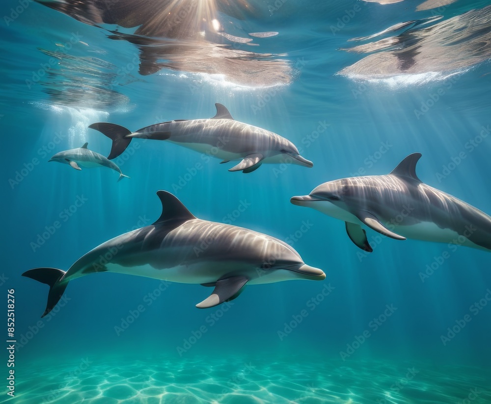 Fototapeta premium Stunning underwater shot of dolphins gracefully swimming in the clear blue ocean, showcasing their fluid movements and serene environment. Ideal for marine and wildlife themes.. AI Generation