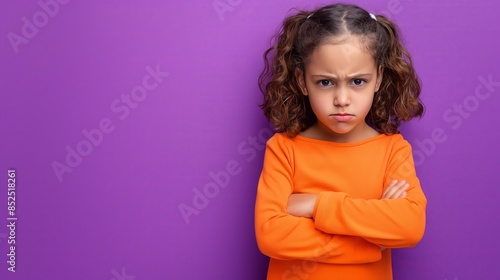 little girl arms crossed purple background orange longsleeved shirt photo