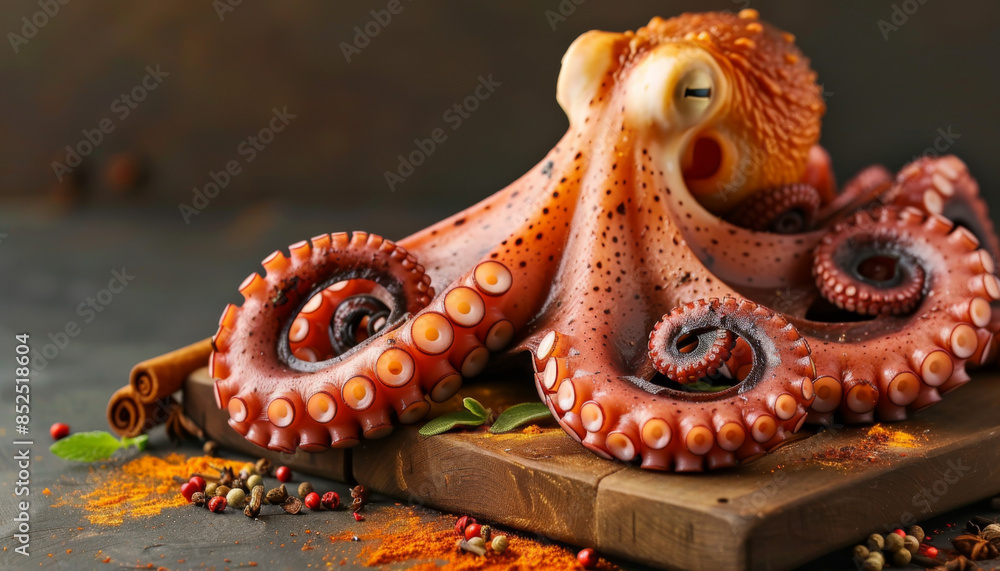 Fototapeta premium succulent octopus tentacles on a wooden board with herbs and spices, on a rustic kitchen table background