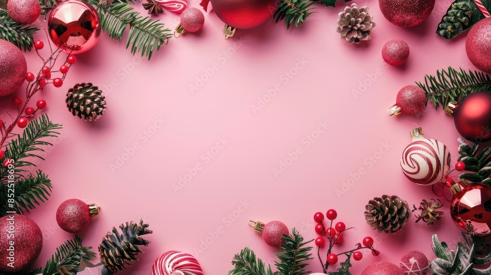 Christmas decorations from above on pink background with space for text Christmas decorations from above on pink background with space for text