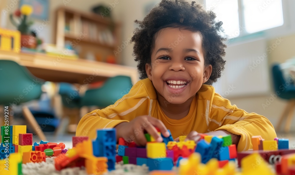 happy african american boy playing colorful blocks nursery room happy african american boy playing colorful blocks nursery room