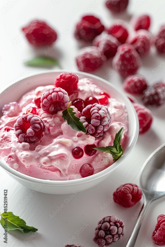 Berry-fruit yogurt and fresh ingredients on a white table, close-up Berry-fruit yogurt and fresh ingredients on a white table, close-up