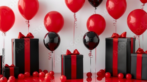 A sophisticated arrangement of black gift boxes with red ribbons and matching black and red balloons, perfect for an elegant celebration photo