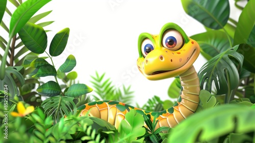 A delightful and vibrant illustration of a friendly cartoon snake peeking through lush jungle foliage  perfect for children s media and educational materials