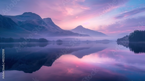 Majestic mountains reflected in a serene lake at dawn with pink and purple hues in the sky.