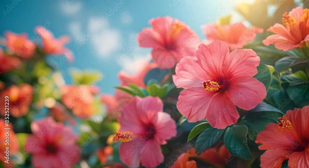 Array of tropical flowers on a bright summer day, vibrant colors with a clear sky above Array of tropical flowers on a bright summer day, vibrant colors with a clear sky above