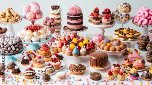 An array of colorful and beautifully decorated desserts including cupcakes, donuts, and tarts, creating a festive and mouth-watering display photo