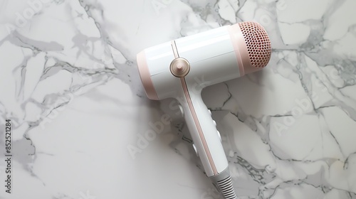 A compact travelsized hairdryer, lying on a marble surface photo