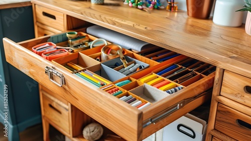 Organized drawer filled with colorful art supplies including pencils and markers ready for creative projects.