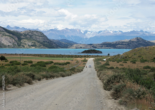 General Carrera Lake (Chilean part) or Lake Buenos Aires (Argentine part) is located in Patagonia and shared by Argentina and Chile. It is of glacial origin and is surrounded by the  Andes mountains.  photo