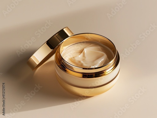 A luxurious hair mask container with a gold lid, halfopened with visible product photo