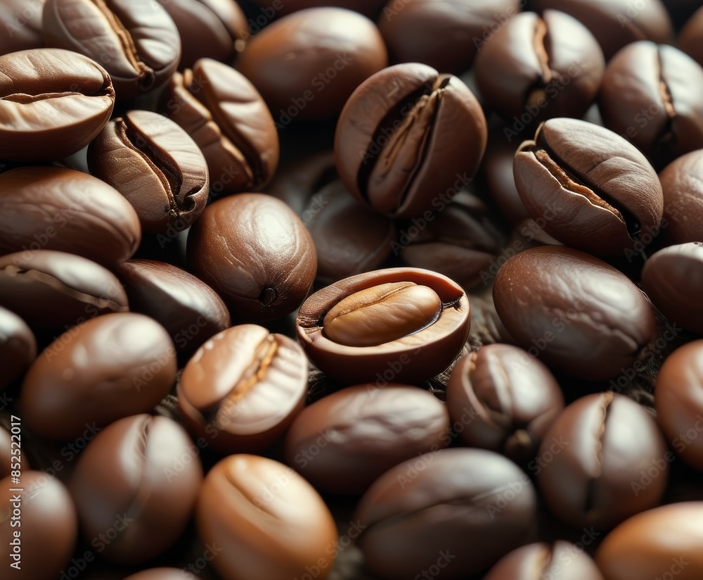 Macro image of roasted coffee beans highlighting their rich texture and deep brown color. The detailed shot captures the essence of fresh coffee, perfect for evoking the aroma and taste of a freshly Macro image of roasted coffee beans highlighting their rich texture and deep brown color. The detailed shot captures the essence of fresh coffee, perfect for evoking the aroma and taste of a freshly