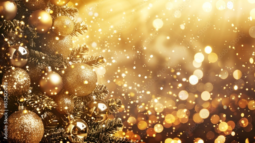 Golden sparkling Christmas lights backdrop with close-up of Christmas tree adorned with gold baubles Decorated Christmas tree on blurred background. Generated AI Golden sparkling Christmas lights backdrop with close-up of Christmas tree adorned with gold baubles Decorated Christmas tree on blurred background. Generated AI