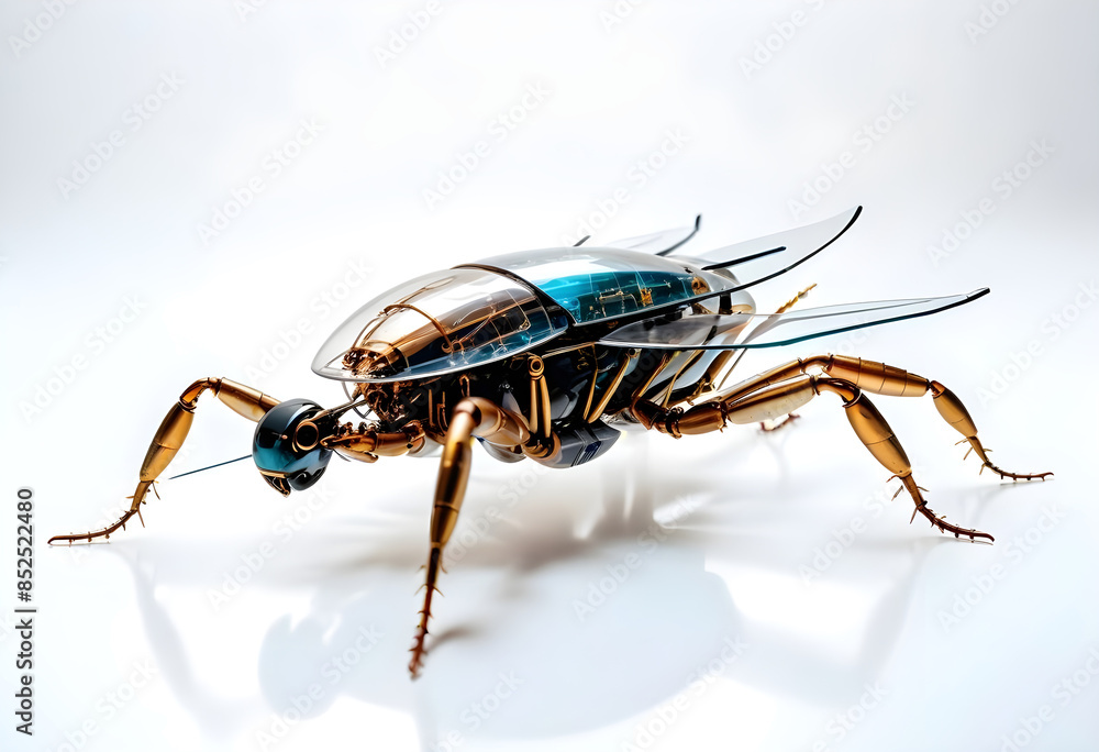 A cockroach machine high-tech with intricate, translucent on a white background A cockroach machine high-tech with intricate, translucent on a white background