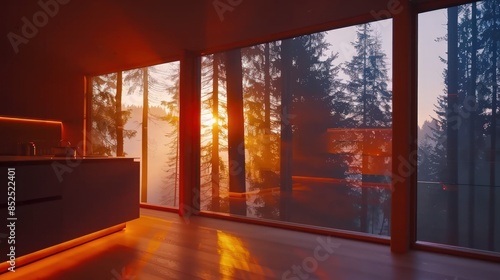 Kitchen with a View of a Misty Forest at Sunset