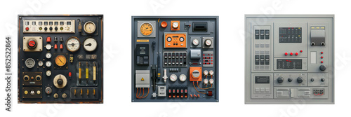 Retro Control Panels with Analog Dials, Switches, and Gauges in Industrial and Vintage Design