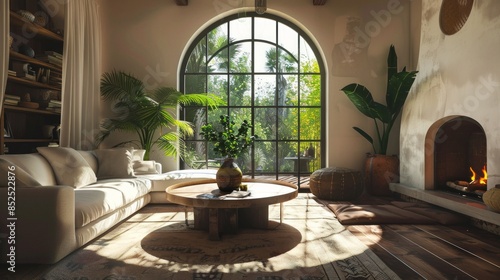 Round coffee table near fireplace against arch window. Mediterranean interior design of modern living room.