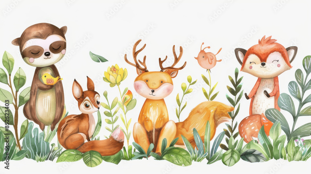 A lively illustration of a tropical forest scene with various animals, including a raccoon, fox, deer, birds, and butterflies A lively illustration of a tropical forest scene with various animals, including a raccoon, fox, deer, birds, and butterflies