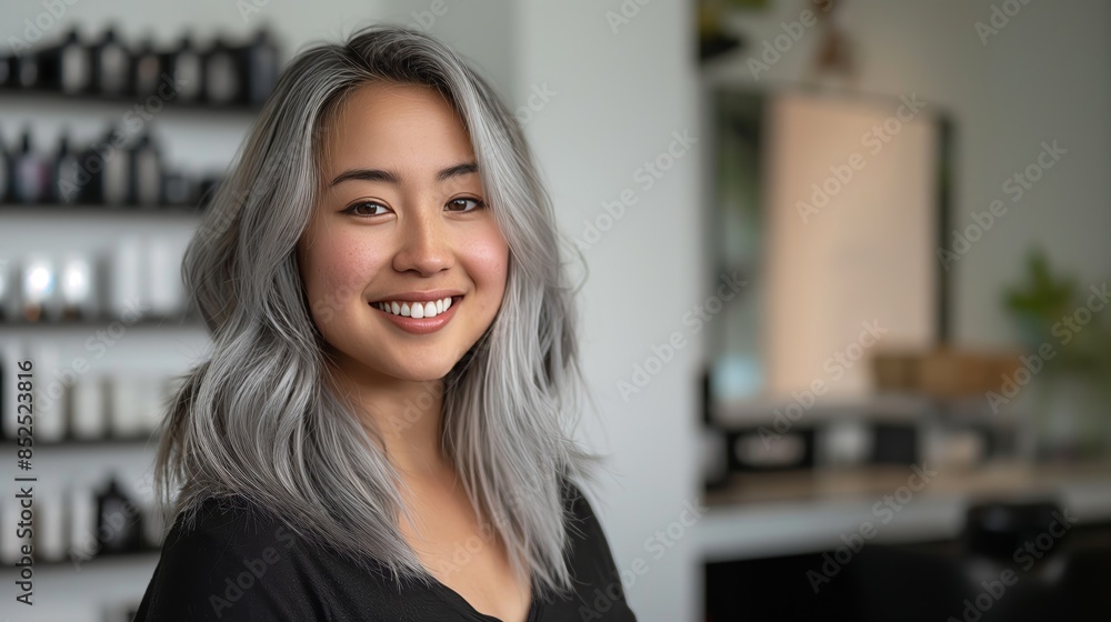portrait of an Asian woman with silver hair smiling in salon studio with shelves of gray hair products, perfect for Instagram trends and beauty industry content portrait of an Asian woman with silver hair smiling in salon studio with shelves of gray hair products, perfect for Instagram trends and beauty industry content