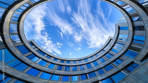 Modern circular building with glass windows under a blue sky. Beautiful architectural design captured from below. Unique perspective view highlighting urban scenery and the sky. AI