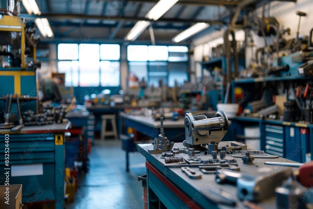 Fototapeta premium Organized Engine Repair Shop with Tools and Engine Components for Mechanical Work and Maintenance