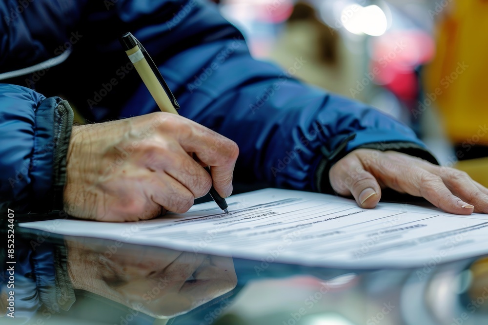 Signing Car Rental Agreement at Service Counter - Close-Up of Customer's Hand with Pen Signing Car Rental Agreement at Service Counter - Close-Up of Customer's Hand with Pen