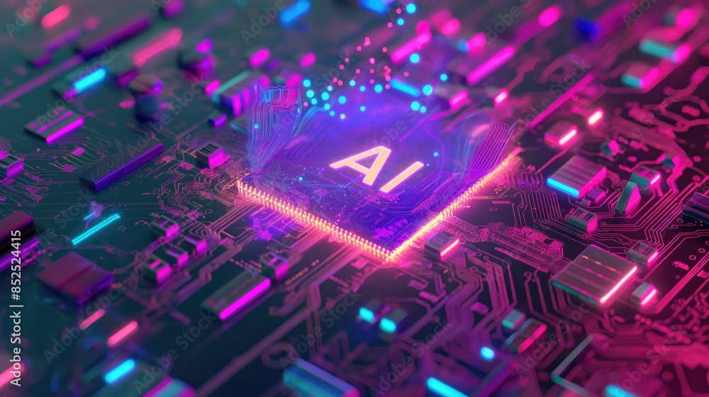 Fototapeta premium Artificial intelligence micro chip with AI lettering on a circuit board close up. Future of computer technology concept