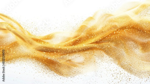 A dynamic image capturing a powerful explosion of golden dust particles against a white background, creating a dramatic and energetic visual effect photo