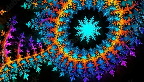 An intricate fractal design bursting with vibrant colors in a spiral pattern. The image features a mesmerizing combination of blue, orange, and purple hues, perfect for digital art, psychedelic themes