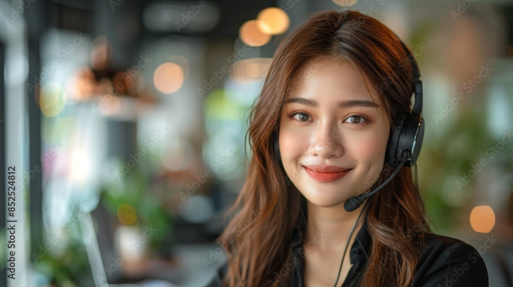 portrait of a smiling beautiful young woman of Asian descent wearing headphones and with a microphone working in an office in customer support portrait of a smiling beautiful young woman of Asian descent wearing headphones and with a microphone working in an office in customer support
