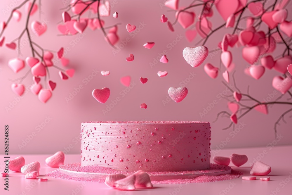 Pink Heart Cake with Falling Decorative Hearts Pink Heart Cake with Falling Decorative Hearts