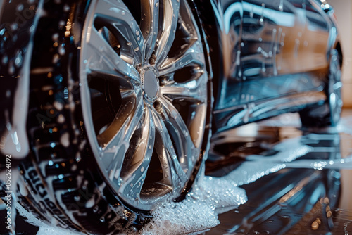 Close-Up of Car Wheels Being Detailed and Polished with Water Splashing - Perfect for Auto Detailing Promotions