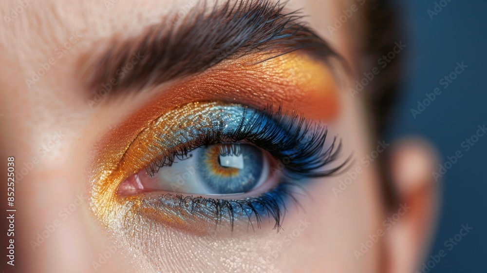 Obraz premium Vibrant Eyeshadow: A close-up of the model's eyes featuring vibrant, colorful eyeshadow. The look is bold and creative. Fashion, beauty, cosmetics.