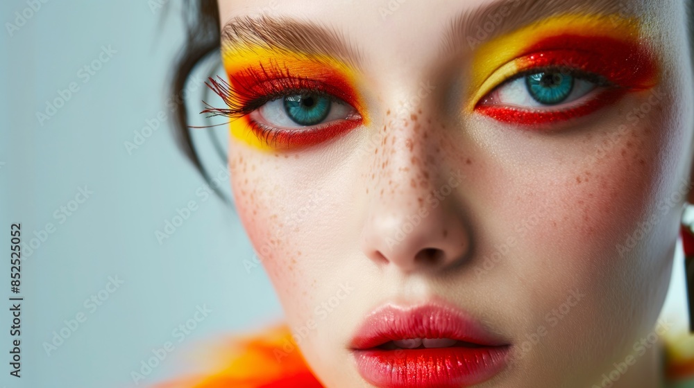 closeup of young woman with bold red and yellow eyeshadow, colorful makeup in fashion editorial style closeup of young woman with bold red and yellow eyeshadow, colorful makeup in fashion editorial style