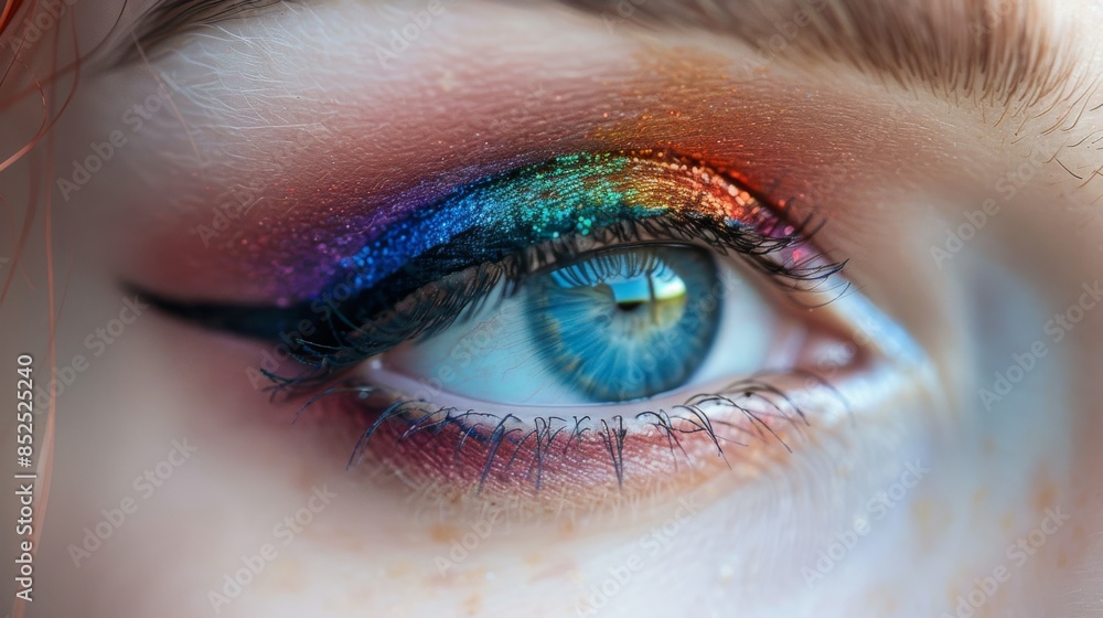 Obraz premium Vibrant Eyeshadow: A close-up of the model's eyes featuring vibrant, colorful eyeshadow. The look is bold and creative. Fashion, beauty, cosmetics.