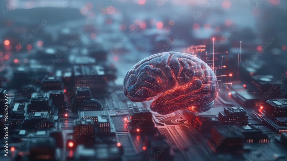Obraz premium Artificial intelligence technology concept with digital glowing human brain connected to an electronic board. AI concept.