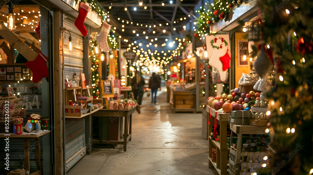 Christmas Market Stall with Festive Decorations and String Lights - Photo Christmas Market Stall with Festive Decorations and String Lights - Photo
