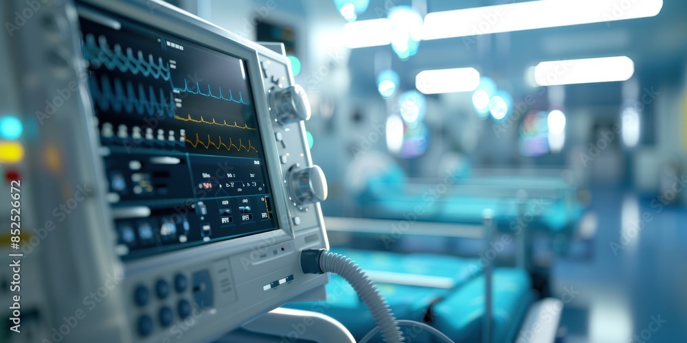 Close-up of Hospital device with monitor Monitoring medical healthcare system at modern hospital. Close-up of Hospital device with monitor Monitoring medical healthcare system at modern hospital.
