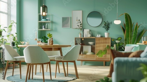 Mint color chairs at round wooden dining table in room with sofa and cabinet near green wall. Scandinavian, mid-century home interior design of modern living room. © Mentari