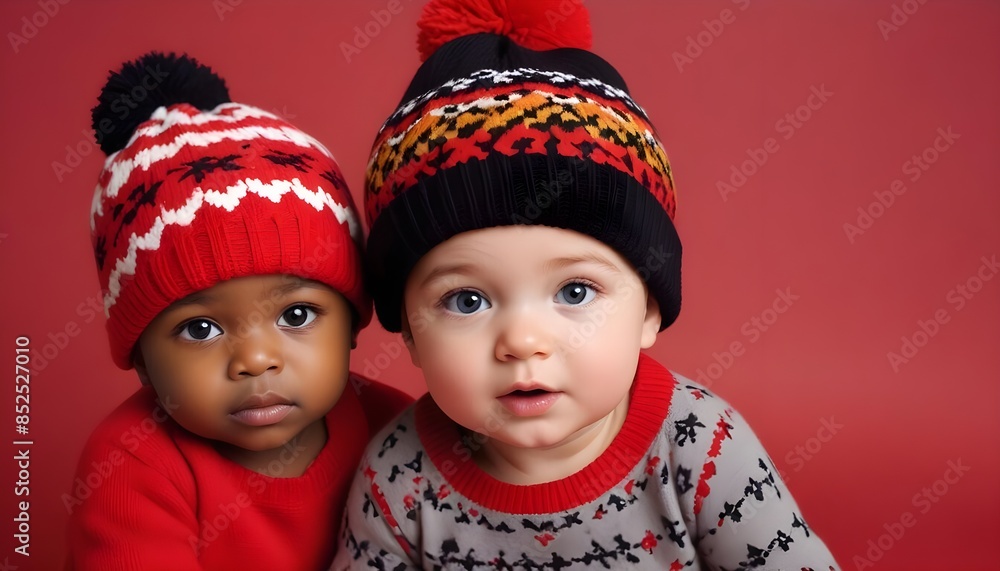 Multiethnic babies dressed in diverse colours on an isolated red background with copy space, representing multi ethnic friendship and diversity banner poster header design Multiethnic babies dressed in diverse colours on an isolated red background with copy space, representing multi ethnic friendship and diversity banner poster header design