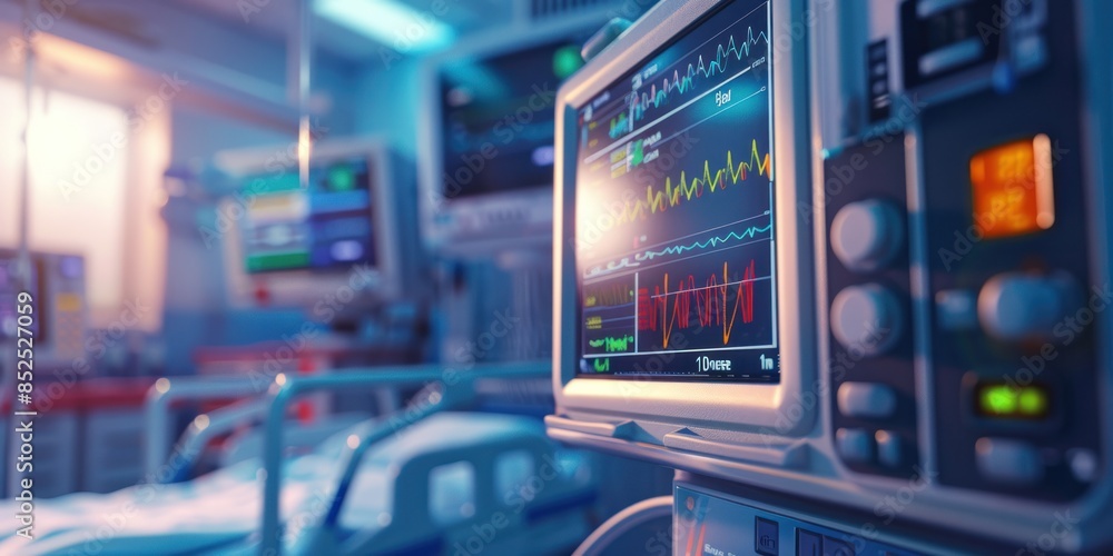 Close-up of Hospital device with monitor Monitoring medical healthcare system at modern hospital. Close-up of Hospital device with monitor Monitoring medical healthcare system at modern hospital.