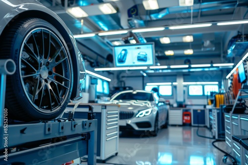 Modern Car Diagnostic Center with Advanced Equipment and Skilled Technicians Analyzing Vehicle Performance