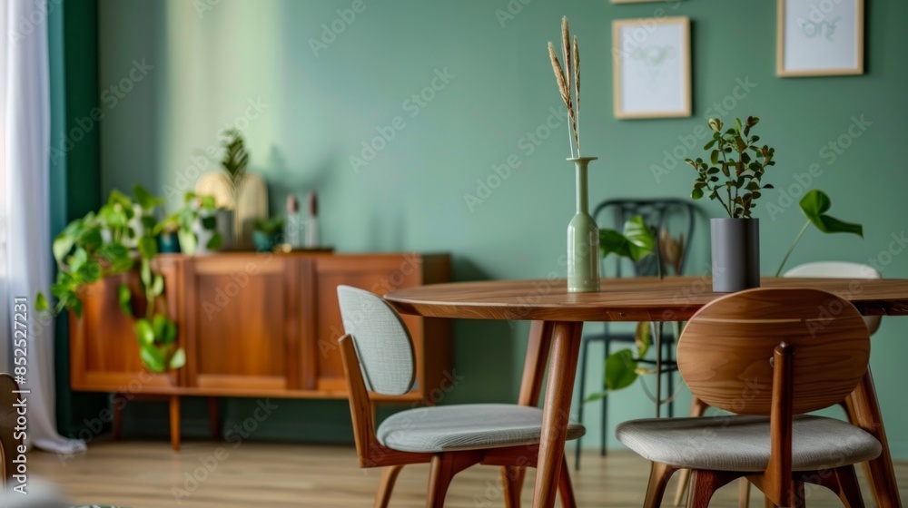 Mint color chairs at round wooden dining table in room with sofa and cabinet near green wall. Scandinavian, mid-century home interior design of modern living room. Mint color chairs at round wooden dining table in room with sofa and cabinet near green wall. Scandinavian, mid-century home interior design of modern living room.